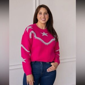 Western Style Pink Star Enbellished Sweater